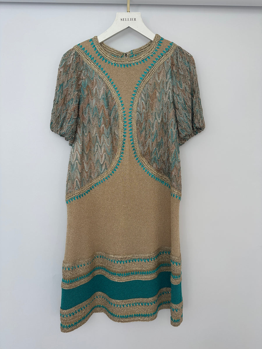 Missoni Gold & Turquoise Woven Short Dress with Patterns Detail Size IT 38 (UK 6)