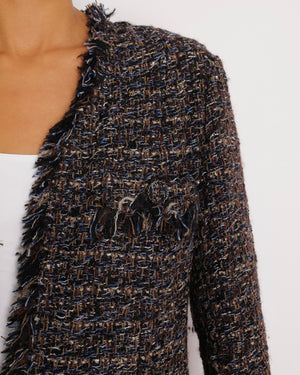 Chanel Black, Navy and Brown Tweed Long Jacket with Fringed Trims and Silver Chain Button Details Size FR 36 (UK 8)