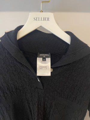 Chanel Black Cashmere Jumper with Silver Camelia Buttons and White Trim Details Size FR 34 (UK 6)