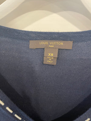 Louis Vuitton Navy Cashmere V-Neck Top with Cream Stitching Details Size XS (UK 6)