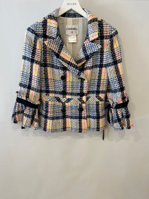 Chanel Blue and Multicolour Tweed Jacket With Black Logo Buttons and Satin Bow Details Size FR 38 (UK 10)