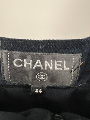 Chanel Navy Velvet Wide Leg Trousers with Black Satin Band and CC Logo Details FR 44 (UK 16)