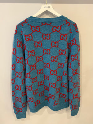 Gucci Blue and Red Wool GG Monogram Cardigan with Mother of Pearl Buttons Size L (UK 12/14) RRP £1,300