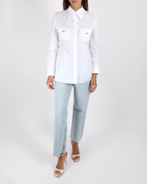 Prada White Button Down Shirt with Crystal Cluster Buttons and Front Pockets Size IT 42 (UK 10) RRP £1,100