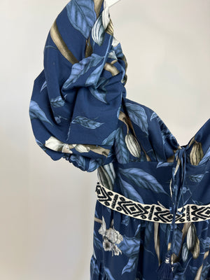 Johanna Ortiz Navy Blue Floral Print Tiered Maxi Dress with Belt Size US 2 (UK 6)