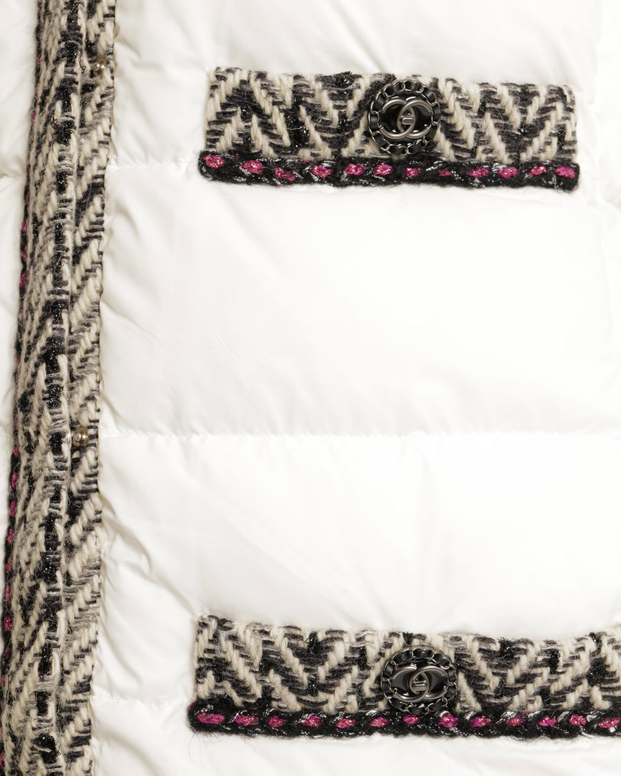 Chanel White Puffer Coat with Black and White Tweed Trims with Metallic Pink Details and Silver and Black CC Logo Buttons Size FR 38 (UK 10)