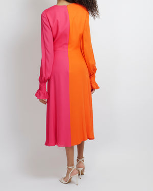 Carolina Herrera Hot Pink and Orange Silk Midi Dress with Front Knot Detail and Pleated Sleeves Size US 2 (UK 6) RRP £2,500