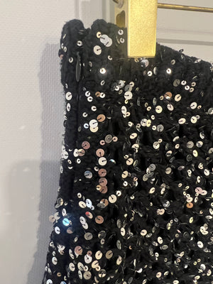 Chanel Spring 2023 Black Sequin Embellished Crocheted Shorts with Silver Crystal Embellished Bow Detail Size FR 38 (UK 10)