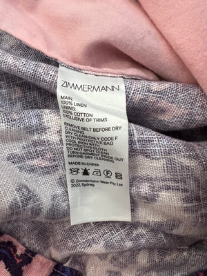 Zimmermann Pink and Purple Ramie Blouse and Linen Shorts Set with Straw Belt and Pink Beaded Buckle Detail Size 0 (UK 8)