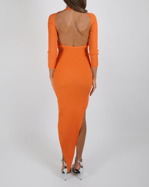 David Koma Orange Ribbed Asymmetric Maxi Dress with Front Cut-Out and Side Slit Size UK 8 RRP £800