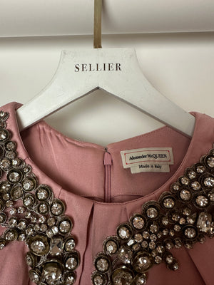 Alexander McQueen Pink Cape-Shoulder Satin Gown with Crystal Neckline & Belt Detail Size IT 42 (UK 10)