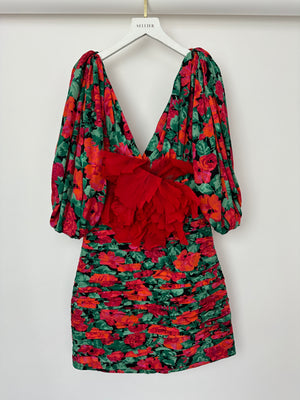 Gucci Red & Green Flower Print Mini Dress with Red Rose Appliqu Detai Sellier Gucci Red & Green Flower Print Mini Dress with Red Rose Appliqu Detai Sellier