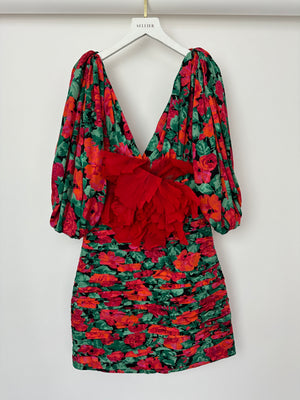 Gucci Red & Green Flower Print Mini Dress with Red Rose Appliqué Detail Size IT 38 (UK 6)