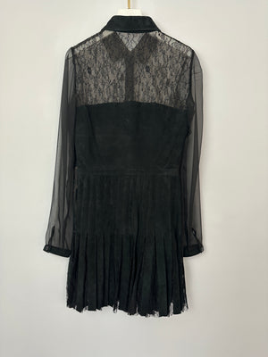 Valentino Black Mini Suede and Lace Pleated Dress with Collar Detail Cream Size UK 6