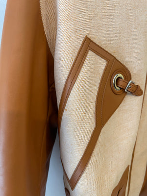 *RUNWAY* Hermès SS 2022 Beige, Brown Leather and Linen Coat with Palladium Details Size FR 36 (UK 8) RRP £10,200