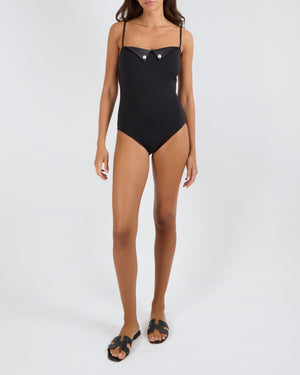 Chanel Black One-Piece Swimsuit with Pearl Crystal Embellished CC Logo Buttons Size FR 40 (UK 12)