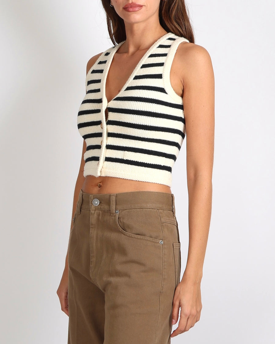 Celine Black and Ecru Striped Wool Sleeveless Vest Top with Gold Buttons Size XS (UK 6)