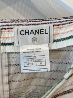 Chanel 07/P White and Multicolour Short Sleeve Striped Mini Dress with Gold Chain and CC Logo Details Size FR 38 (UK 10)