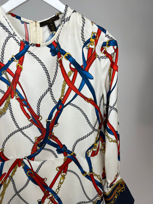 Louis Vuitton White, Blue and Red Midi Dress with Long Sleeve Size FR 38 (UK 10)
