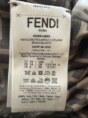 (NEEDS DRY CLEANING AFTER SHOOT) Fendi FF-Motif Printed Trousers in Brown Silk Size IT 38 (UK 6)
