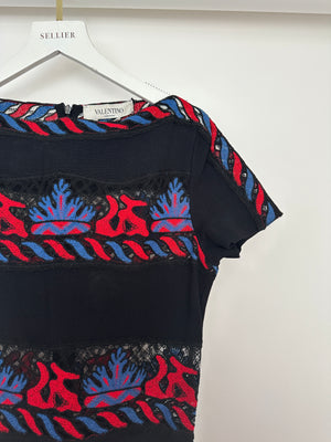 Valentino Navy A-Line Mini Dress with Black, Red and Blue Lace Panel Details Size UK 10 (Size Medium)