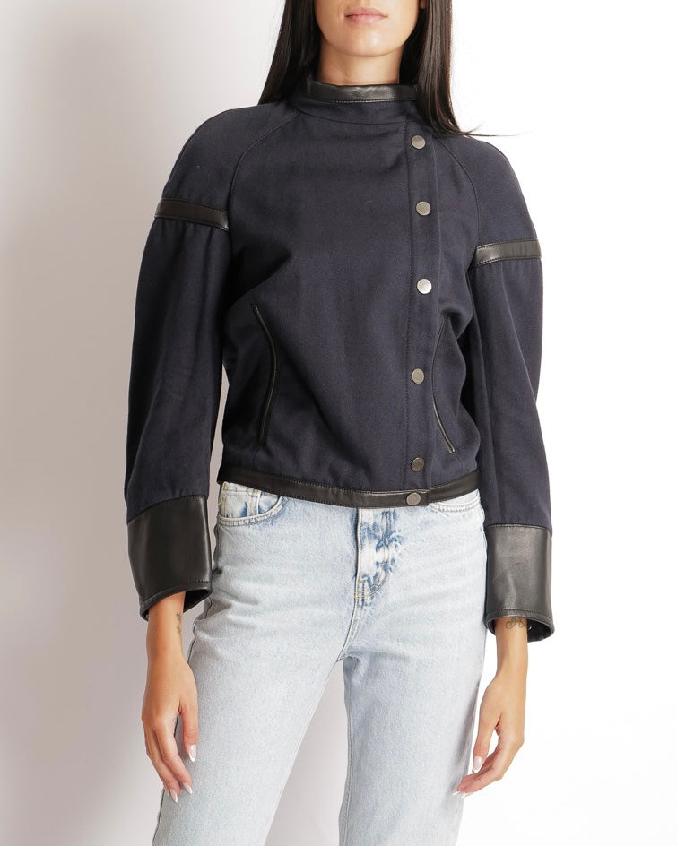 Hermès Navy Jacket with Black Leather Inserts and Logo Buttons Size FR 34 (UK 6) RRP £6,500