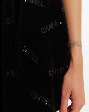 Chanel 22N Black Velours Mini Skirt with Sequin Embellished Logos and Bow Detail Size FR 36 (UK 8)