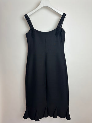 Valentino Boutique Black Sleeveless Midi Dress with Beaded Strap Details and Ruffles Size IT 40 (UK 8)