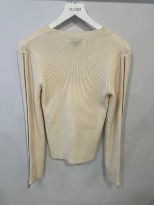 Chanel Cream Knit Wool Jumper with Gold Bag Charm Sleeve Details Size FR 38 (UK 10)