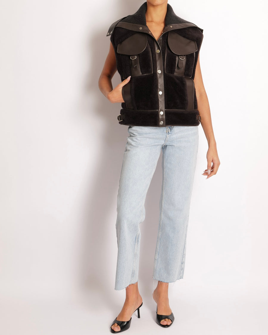 Hermès Runway 2019 Chocolate Brown Cashmere and Lambskin Leather Sleeveless Jacket with Palladium Buttons FR 36 (UK 8)
