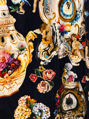 Dolce & Gabbana Navy Velours Long-Sleeved Mini Dress with Baroque Fantasy Prints with Gold Collar and Trim Size IT 40 (UK 8)