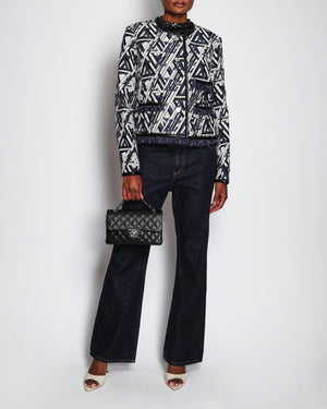 Louis Vuitton White and Blue Collarless Jacket with Tweed Frill Hem Size FR 46 (UK 18)
