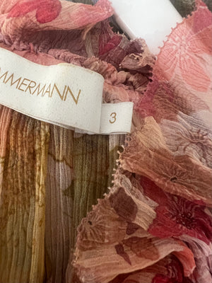 Zimmermann Pink and Light Blue Floral Mini Dress with Ruffle Details and Braided Belt Size 3 (UK 14)