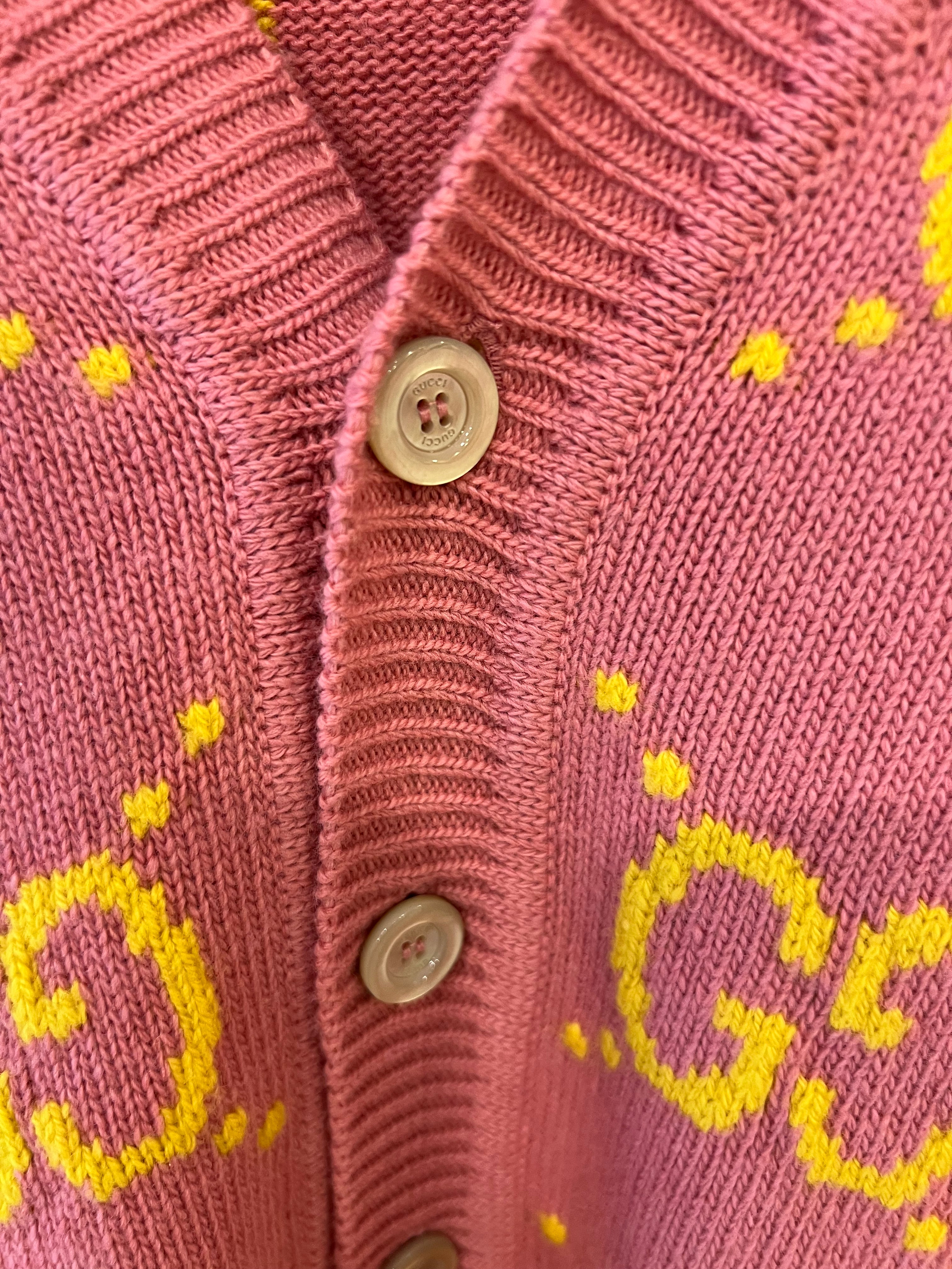 Gucci Pink and Yellow Wool GG Monogram Cardigan with Mother of