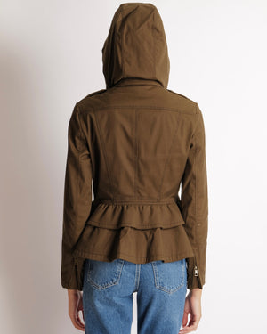 Burberry Khaki Hooded Jacket with Tiered Bottom Detail Size UK 8