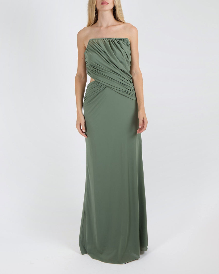 Christopher Esber Green Strapless Maxi Dress with Side Cut-Out and Ruched Detail Size AU 8 (UK 8)
