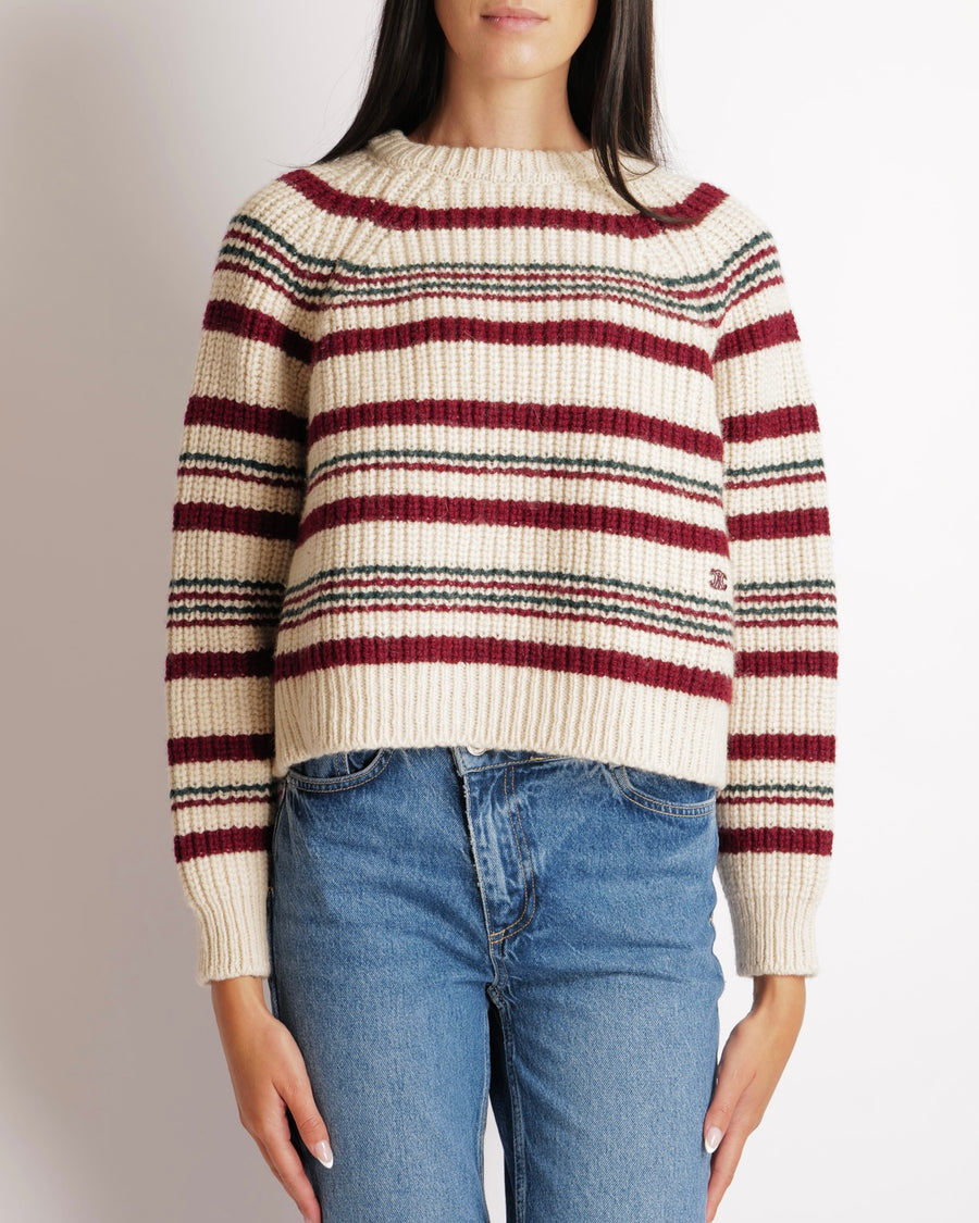 Céline Cream, Burgundy and Green Knit Wool Jumper with Triomphe Logo Detail Size FR 36 (UK 8) RRP £1,550
