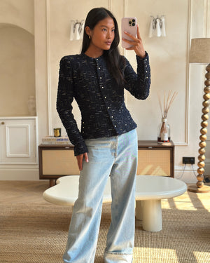 Chanel 04/P Navy Collarless Tweed Jacket with Pearl Button Detail Size FR 38 (UK 10)