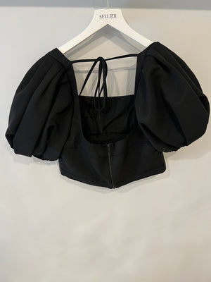Self Portrait Black Ottoman Square Neck Cropped Top with Puff Sleeves and Open Back Detail Size UK 14 RRP £215