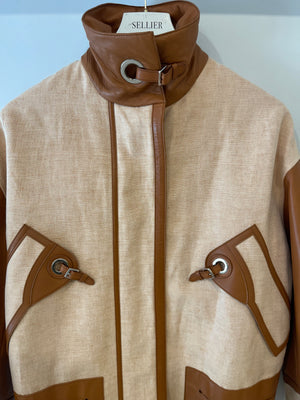 *RUNWAY* Hermès SS 2022 Beige, Brown Leather and Linen Coat with Palladium Details Size FR 36 (UK 8) RRP £10,200