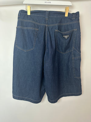 Prada Men's Dark Blue Light Denim Shorts with Logo Detail On The Back Pocket Size 34