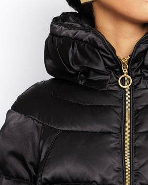 Moncler Black Puffer Jacket with Gold Zipper and Logo Buttons Size 2 (UK 12)