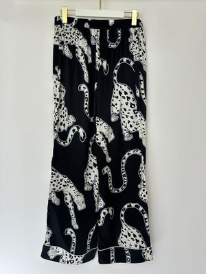 Olivia Von Halle Black & White Leopard Pattern Two-Piece Shirt and Trouser Set Size M (UK 10)