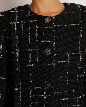 Chanel Black and Silver Metallic Wool Tweed Long Coat with Silver and Clear CC Logo Buttons Size FR 38 (UK 10)