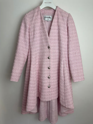 *HOT* Chanel 24S Pink Tweed Long Sleeve A-Line Asymmetric Mini Dress with Silver and Pink Logo Button Details Detail FR 34 (UK 6) RRP £11,650