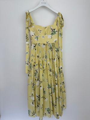Erdem SS25 Yellow, White & Green Floral Midi Dress with Bustier Top & Tie Up Bow Strap Details Size UK 6 (FR 34)