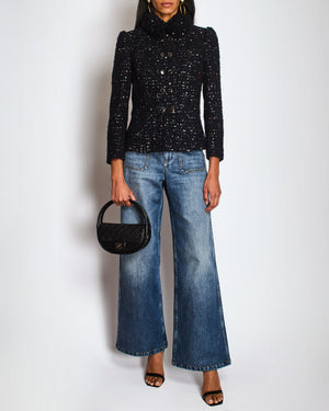 Chanel 2021 Le Chateau des Dames Navy Tweed Jacket with Multi-Colour Sequin Embellishments and Gold and Black CC Logo Buttons Size FR 34 (UK 6)