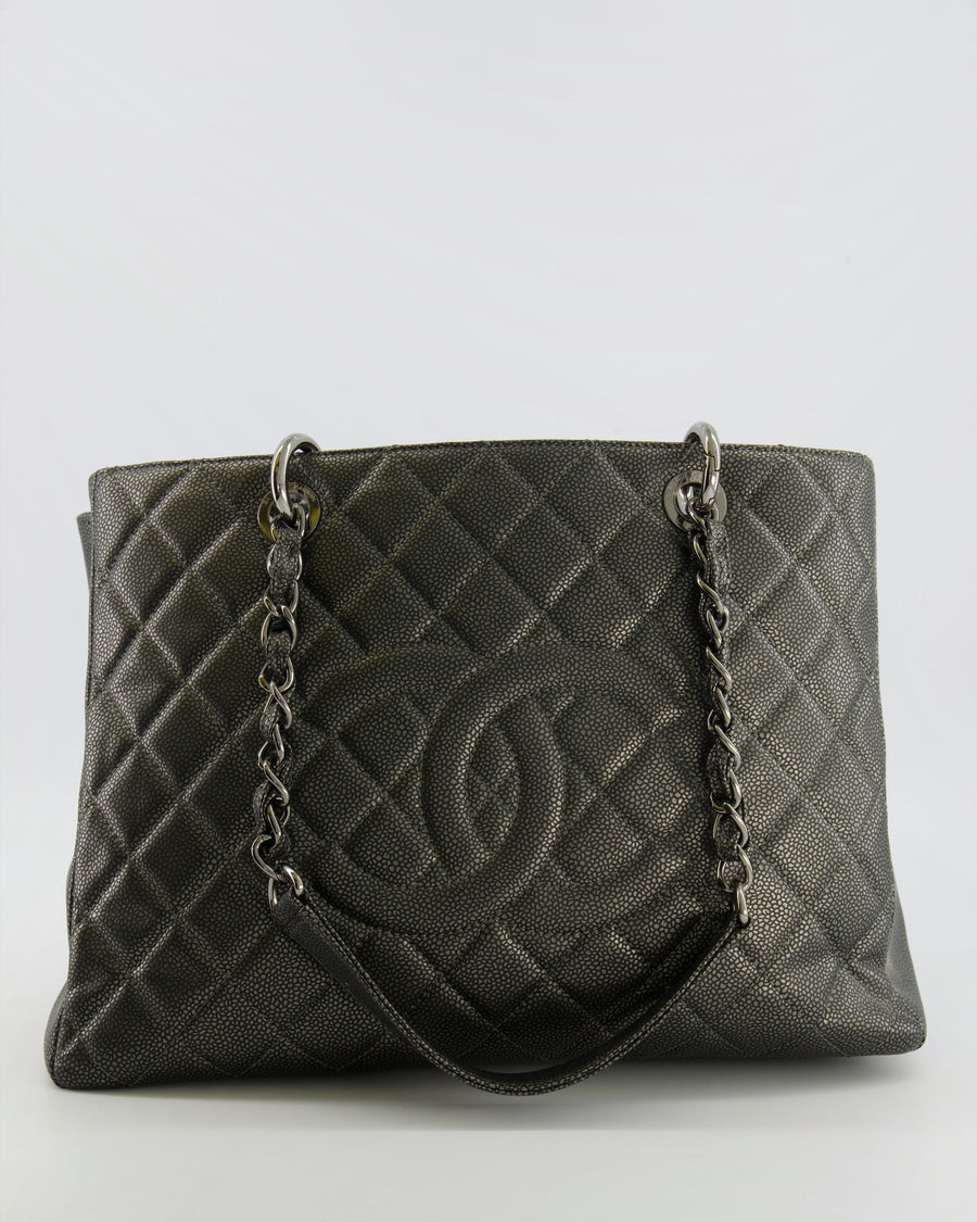Chanel Grand Shopping Tote GST Bag in Metallic Grey Caviar Leather with Silver Hardware