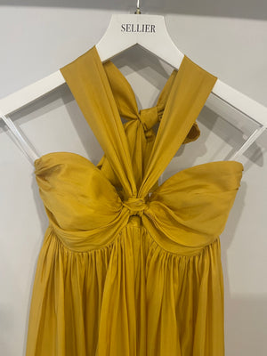 Zimmermann Yellow Asymmetric Gathered Silk-Voile Halterneck Midi Dress Size 0 (UK 8) RRP £1,520