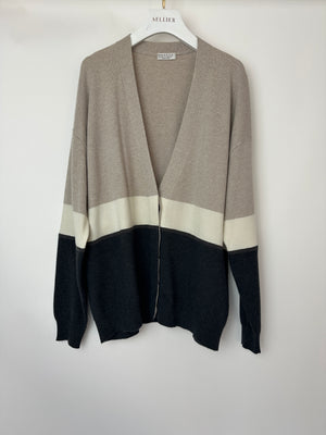 Brunello Cucinelli Taupe, White, and Grey Colour Block Cashmere Cardigan with Monili Trim Detail Size XL (UK 14)